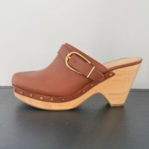 Veronica Beard Leather Clogs with Gold Buckle
